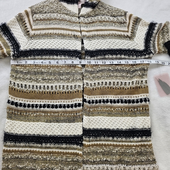Forever 21 Long Hooded Duster Cardigan Open Front Knit Striped Cream Black Small - Picture 5 of 7